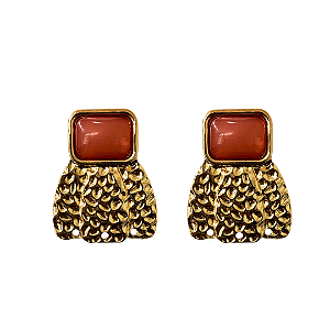 Brinco Médio Dourado com Pedra Rosê Escuro Feminino Elegante BG2112
