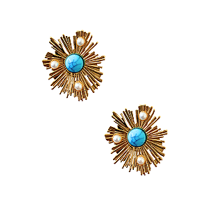 Brinco Médio de Aço Dourado com Pedra Turquesa e Pérolas BM2118