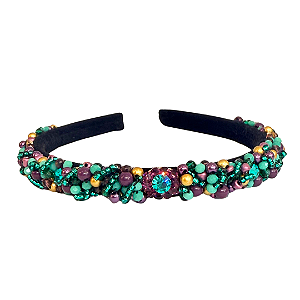 Tiara Bordada Fina de Luxo Preta com Pedrarias Tuquesa, Roxo e Dourado T454