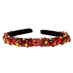 Tiara Bordada Fina de Luxo Preta com Pedrarias Vermelho com Dourado T455