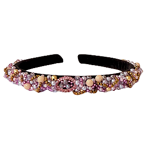 Tiara Bordada Fina de Luxo Preta com Pedrarias Lilás, Roxo e Dourado T457