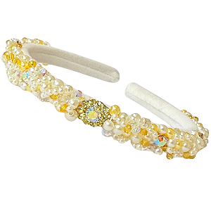 Tiara Bordada Fina de Luxo Branco Amarelo Manteiga com Pérolas T460