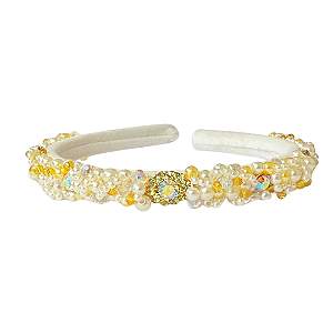 Tiara Bordada Fina de Luxo Branco Amarelo Manteiga com Pérolas T460