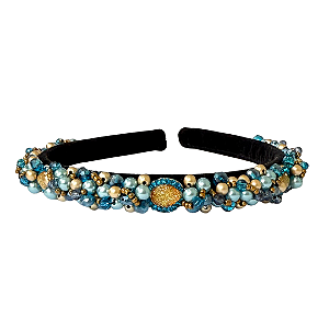 Tiara Bordada Fina de Luxo Preta com Pedrarias de Tons de Azul e Dourado T456