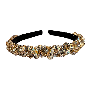 Tiara Bordada de Luxo Fina Preta de Cristais Dourado e Furta-cor T462