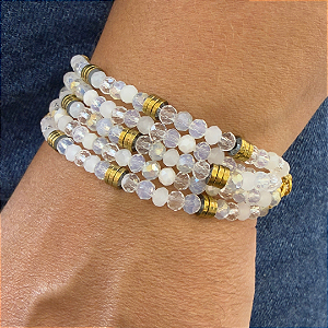 Pulseira de 5 Voltas de Cristais Brancos com Hematita Dourada 813P