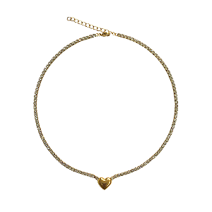 Choker de Aço Dourado com Strass e Pingente de Coração CL811