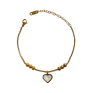 Pulseira de Aço Dourada com Pingente de Coração de Madre Pérola 817P
