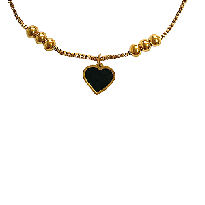 Pulseira de Aço Dourada com Pingente de Coração Preto 818P