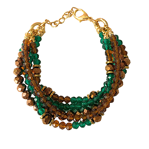 Pulseira de 5 Voltas de Cristais Caramelo, Cobre e Verde Jade com Hematita Dourada 819P