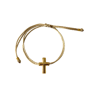 Pulseira Regulável Fio de Seda Areia com Pingente Cruz 821P