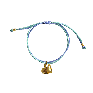Pulseira Regulável Fio de Seda Azul Claro com Azul Jeans e Pingente de Coração Dourado 828P
