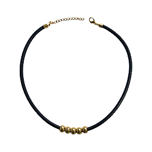 Choker de Couro Preta com Bolinhas Douradas CL814