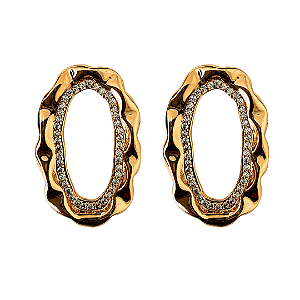 Brinco Médio Oval Dourado Texturizado com Zircônias BM2144