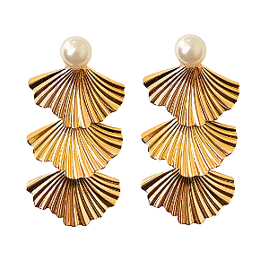 Brinco Pendurado Grande Dourado Leques com Pérolas BG2150