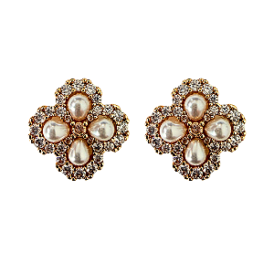 Brinco Pequeno Dourado Van Cleef com Pérolas e Zircônias BF1348