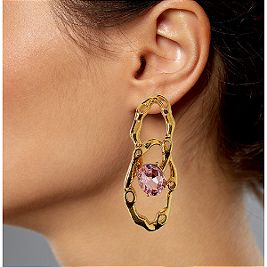 Brinco Grande Elos Dourado com Cristal Rosa Claro