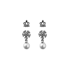 Kit Segundo Furo Brincos Prata, Pendurado com Zircônias e Coroa BF1357