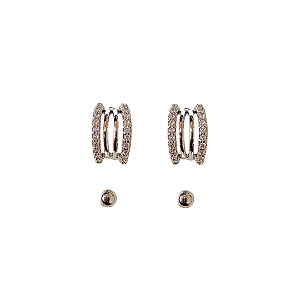 Kit Segundo Furo Brincos Prata Argolinha com Zircônias e Bolinha BF1363