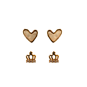 Kit Segundo Furo Brincos Dourado Coração com Madre Pérola e Coroa BF1364