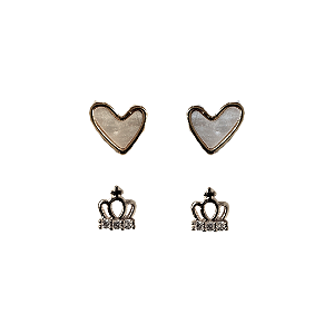Kit Segundo Furo Brincos Prata Coração com Madre Pérola e Coroa BF1365