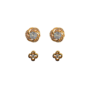 Kit Segundo Furo Brincos Dourado Catavento de Zircônias e Van Cleef Vazado BF1366