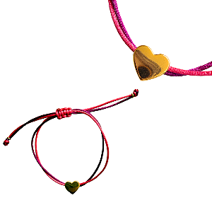 Pulseira Regulável Fio de Seda Pink e Roxo com Pingente de Coração Dourado 834P