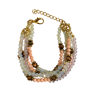 Pulseira de 5 Voltas de Cristais Rosa Fosco, White Opal, Cobre e Lilás com Hematita Dourada 837P