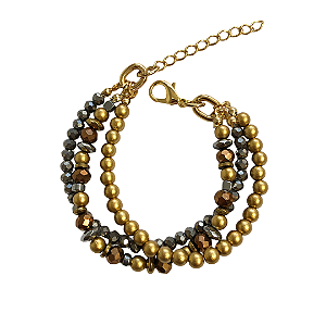 Pulseira de 3 Voltas de Cristais Hematite, Cobre e Dourado com Hematita Prata e Dourado 840P