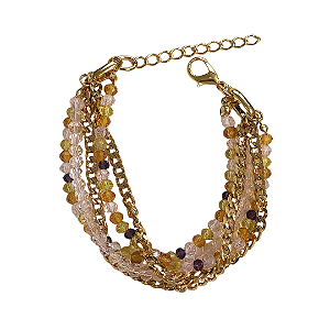 Pulseira de 5 Voltas com Cristais Caramelo, Amarelo Candy, Roxo, e Rosa Claro com Corrente Dourada 842P