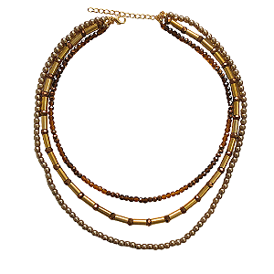 Colar Triplo com Cristais Caramelo, Cobre e Marrom, Canutilhos Dourados e Pérolas CL827