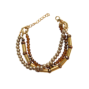 Pulseira de 3 Voltas de Cristais Caramelo e Cobre, Canutilhos Dourados e Pérolas 843P