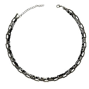 Colar Duplo Cristais Pretos com Prata CL836