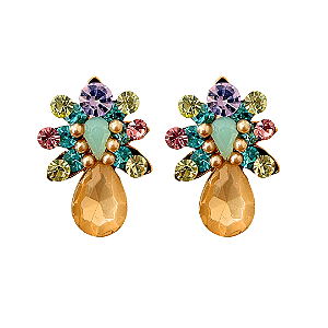 Brinco Pequeno Flor com Gota Colorido Candy em Strass Delicado Feminino