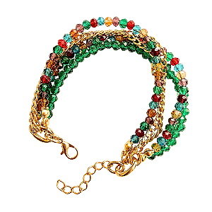Pulseira Feminina 5 Voltas com Cristais Coloridos e Corrente Ajustável Delicada