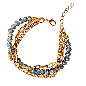 Pulseira Cristais Azul Cobalto Tripla com Correntes Douradas Feminina