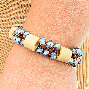 Pulseira Resina Bege com Cristais Fosco Brilhante Feminina
