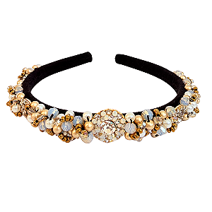Tiara Fina de Luxo Bordada Veludo Preta Dourado Fosco com Pérolas e  White Opal Feminina