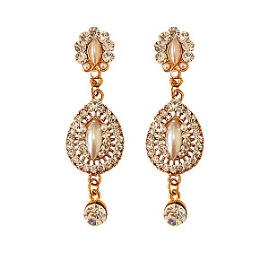 Brinco Grande Feminino de Pérolas com Cristais Branco Elegante