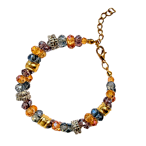 Pulseira Feminina com Cristais Coloridos Azul Cobalto e Entremeios Prata e Dourado