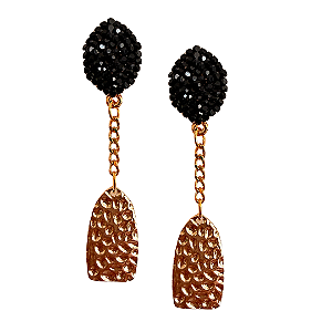 Brinco Grande Pendurado Preto com Strass e Pingente Feminino