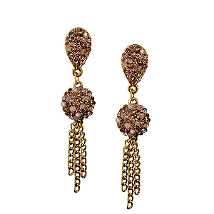 Brinco Grande Pendurado Feminino Tons Rosa com Strass e Corrente Dourada BG2187