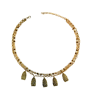 Colar Duplo Feminino com Pingentes, Pérolas e Cristais Dourado CL855