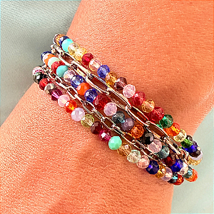 Pulseira 5 Voltas com Cristais Coloridos e Corrente 874P