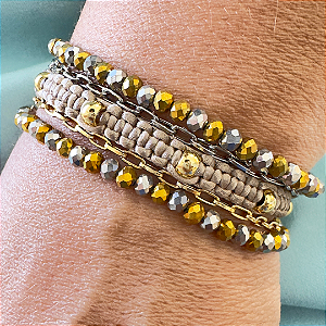 Pulseira Feminina 5 Voltas de Macramê com Cristais e Corrente 877P
