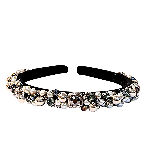 Tiara de Luxo Feminina Bordada com Pedrarias Prata com Branco T473