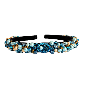Tiara de Luxo Fina Bordada Tons Azul Com Detalhes Dourado T472