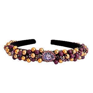 Tiara Bordada Feminina de Luxo Fina com Pedrarias Roxo e Dourado T475