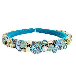Tiara Bordada Feminina de Luxo com Pedrarias Pingente em Tons de Azul T476