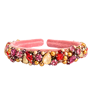 Tiara Bordada Feminina de Luxo Média com Pedrarias Rosa, Vermelho e Dourado T478